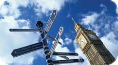 Photo of a signpost and Big Ben clock tower in London